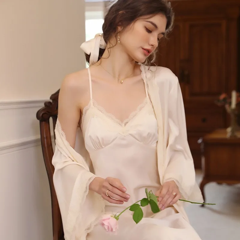 Sexy Women Twinset Robe Set Lace Cami Nighty&Robe Suit Sleepwear Bride Bridesmaid Satin Nightwear Spring New Lounge Home Wear