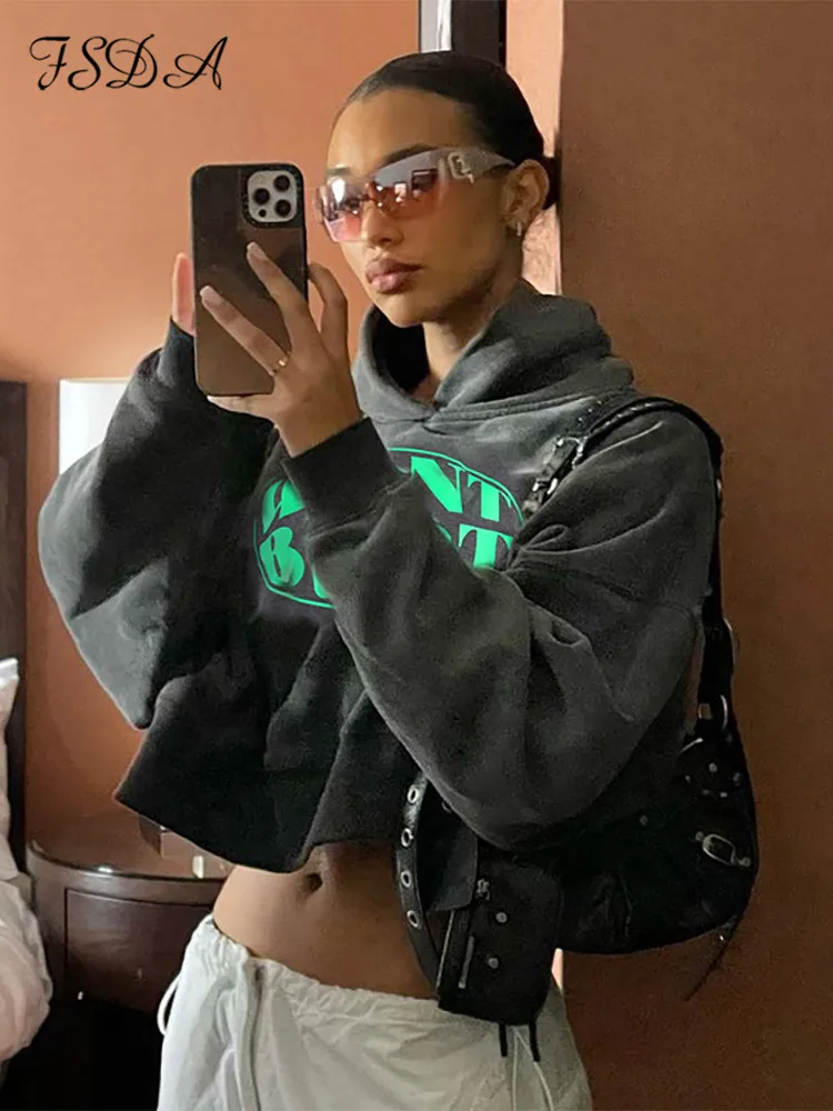 

FSDA Letter Print Women Cropped Hoodie Long Sleeve Y2K 2022 Autumn Winter Casual Sweatshirts Streetwear