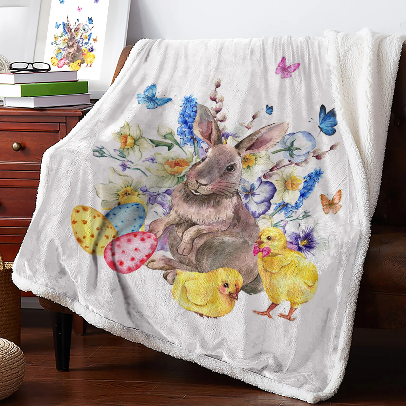 

Easter Watercolor Winter Wool Blanket Cashmere Blanket Warm Soft Fleece Throw Blankets on Sofa Bed Cover Plants Bunny