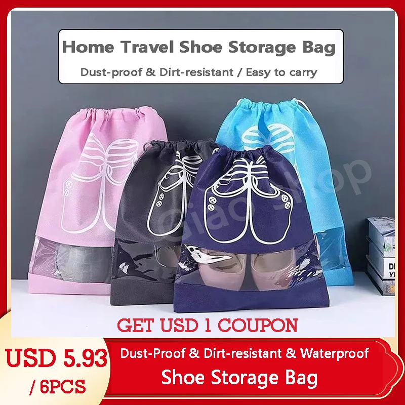 

6pcs Shoes Storage Bag Travel Portable Bag Non-woven Dustproof Waterproof Shoes Bag Clothing Pocket Classified Hanging Organizer