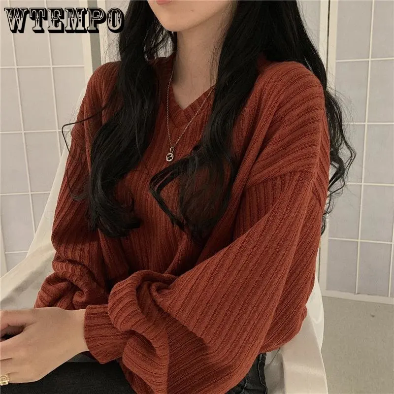 

Lantern Sleeve Loose V-neck Knitted Pullover Super Large Harajuku Sweater Versatile Short Autumn and Winter Wholesale
