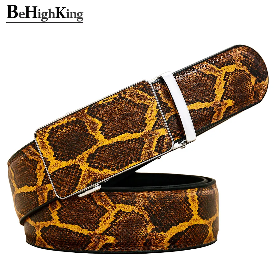 New Fashion Genuine Leather Belts Unisex Luxury Simulated Golden Python Pattern Automatic Buckle Cowskin Waist Strap for Gift