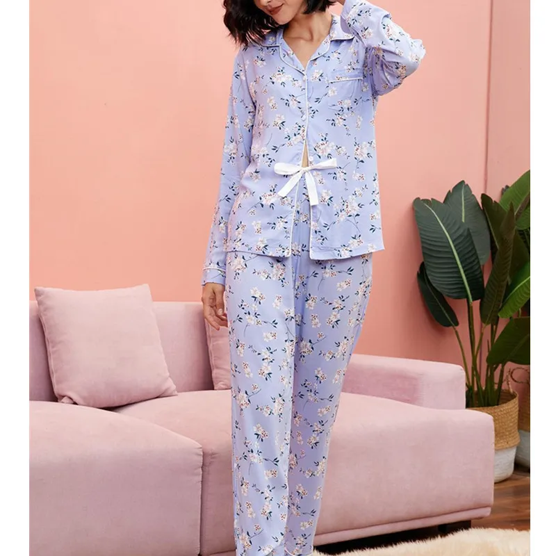 100% Viscose Sleepwear WInter Women Pajamas Set Two Pieces Set Pajamas Pjs Full Sleeve Flower Print NIghtwear Pijamas