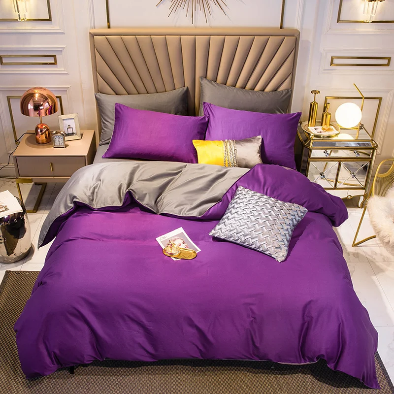 

Twin Queen King size Ultra Soft 100%Cotton 4Pcs Bedding Comforter Bed Sheet Set Purple Gray Black Reversible Duvet Cover