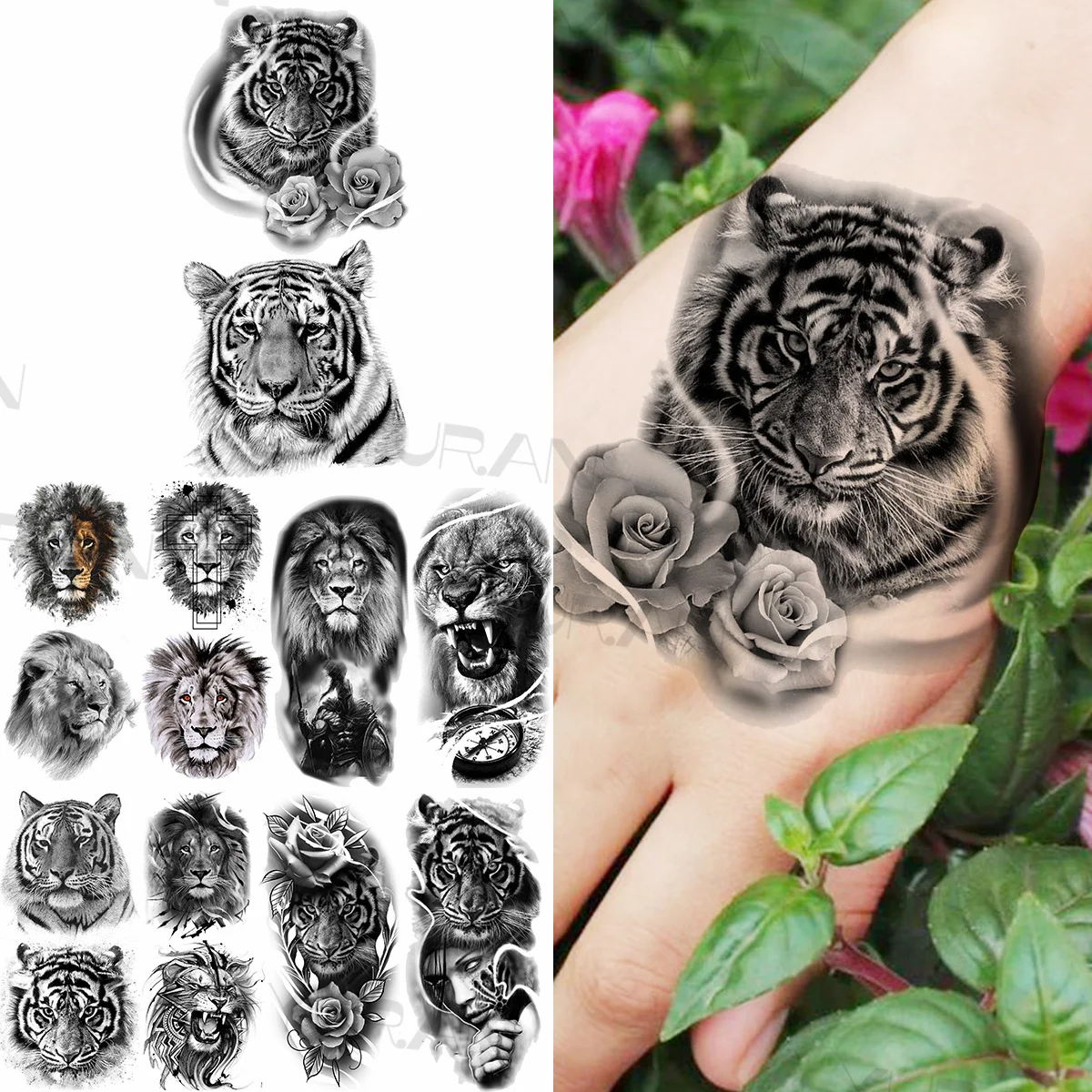 

Rose Flower Tiger Temporary Tattoos For Women Men Realistic Lion Compass Printed Vacation Warrior Fake Tattoo Sticker Arm Tatoos