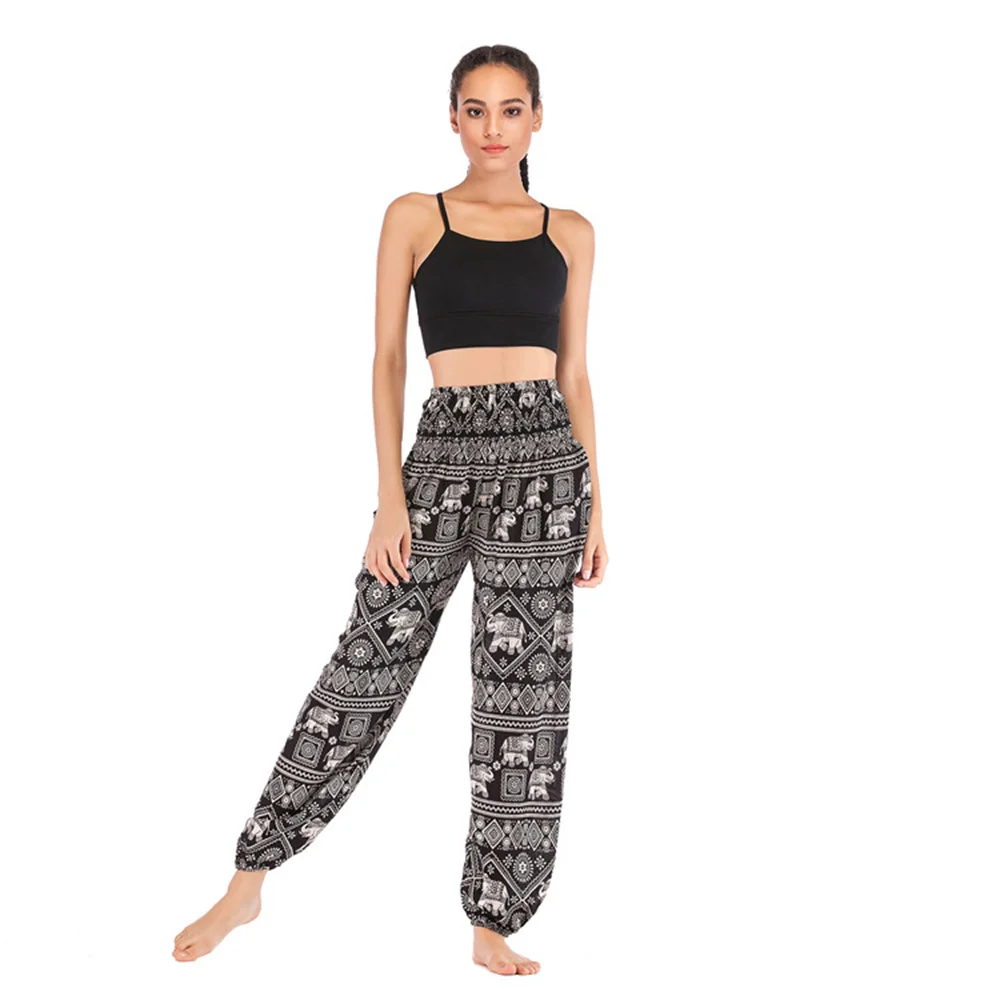 Summer Women Bohemian Floral Print Long Pants Elastic High Waist Vintage Harem Pant Boho Casual Beach Trousers