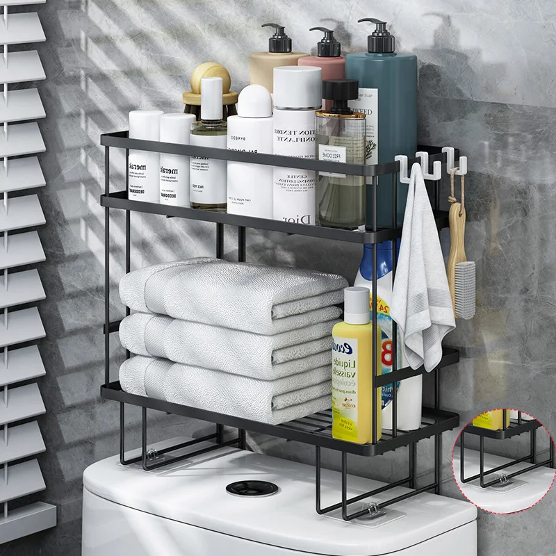 

Bathroom Organizer Over The Toilet Storage Shelf, Restroom Organizers Countertop Basket with Hanging Hook & Adhesive Base