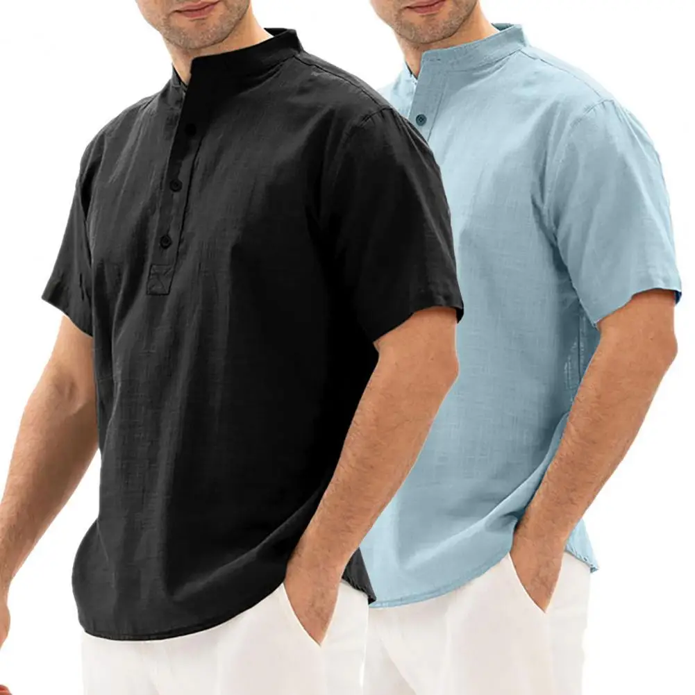 

Men Shirt Casual Solid Color Stand Collar All Match Simple Lightweight Tops Summer Short Sleeve Loose Shirts camisa masculina