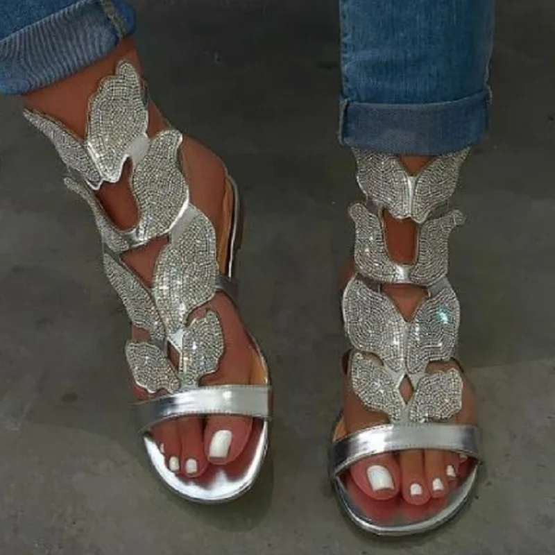 Women Rhinestone Butterfly Decor Sandals Fashion PU Faux Suede Gladiator Zip Back Flat Slides Summer Outdoor Lovely Female Shoes