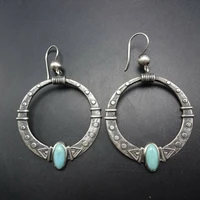 vintage oval green stone hook earrings metal silver color round engraved stripes dangle earrings for women