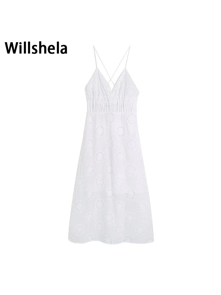 

Willshela женское модное однотонное платье миди с вышивкой и открытой спиной, винтажные тонкие бретельки с v-образным вырезом, женские шикарные ...