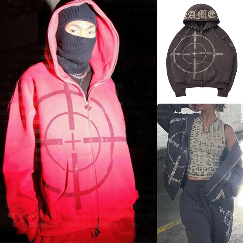 

Y2k стразы, Алмазные толстовки с карманами, длинным рукавом, на молнии, свободные, гранж, новинка, искусственная кожа, винтажные женские свитш...