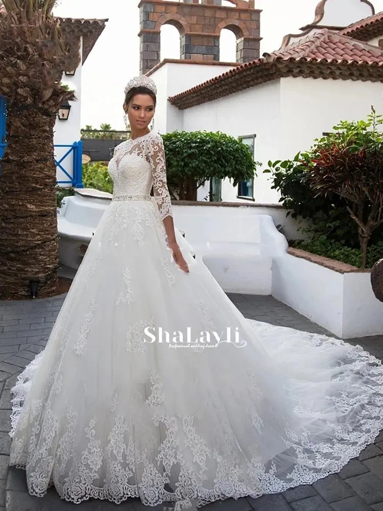 

Luxury Wedding Dress Lace Beading With Princess Ball Gown O-neck Full Sleeve Bride Gowns Sashes Bow Lace Up Robes De Mariée