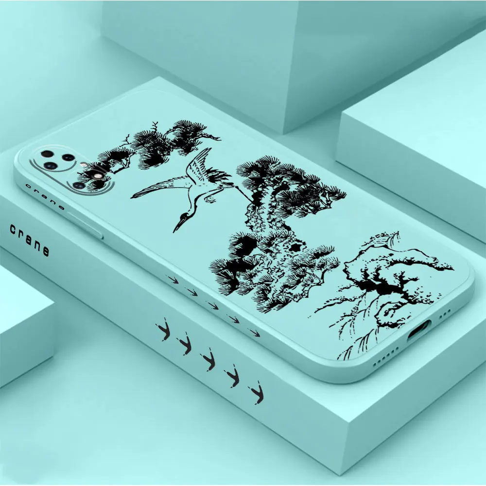 Ink And Wash Crane Phone Case For Huawei P60 P50 P40 P30 P20 Mate 50 40 30 20 20X 10 Colour Liquid Silicone Cover Funda Cqoue