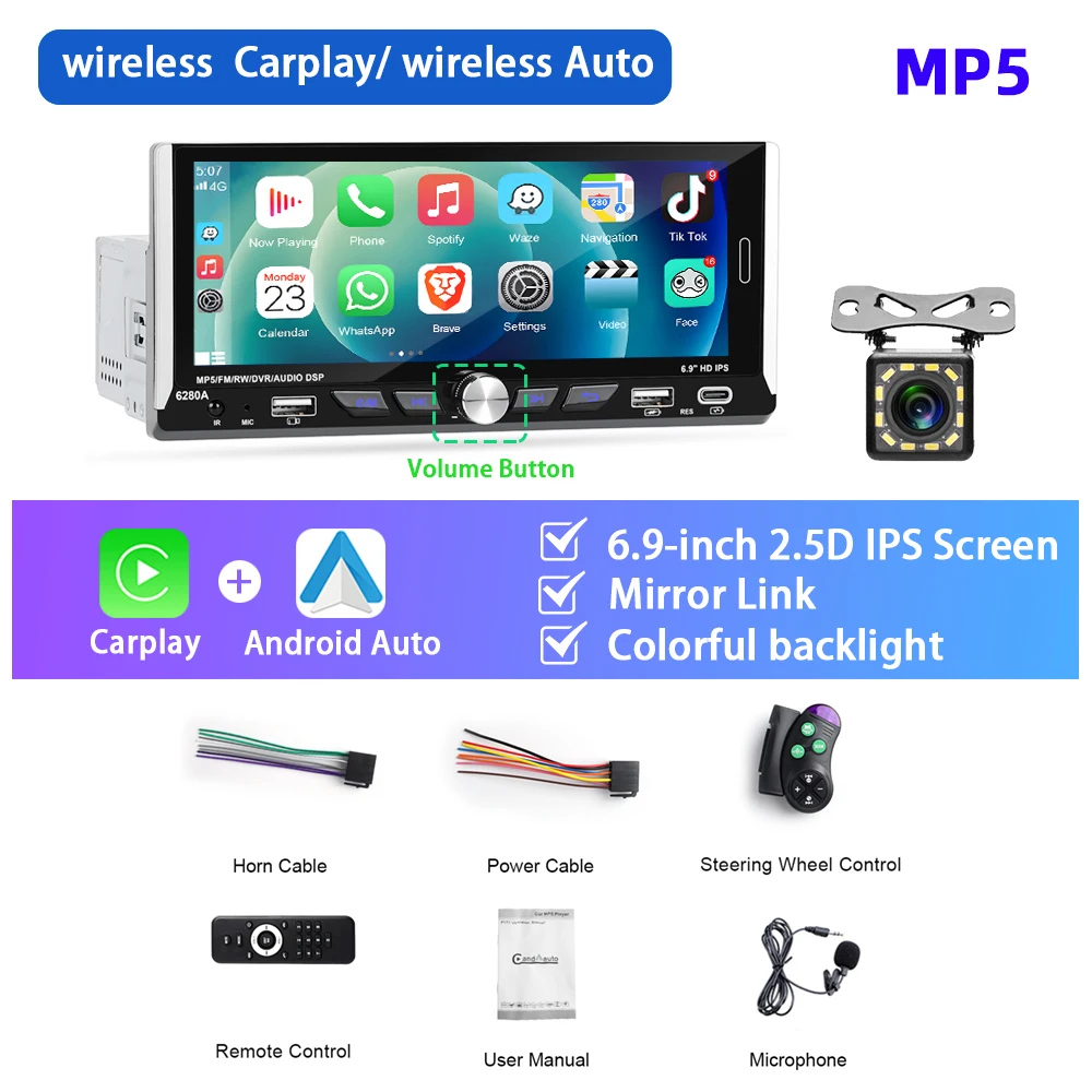 

Автомагнитола Podofo 1Din MP5 для Carplay, мультимедийный плеер на Android, сенсорный экран 6,9 дюйма IPS, зеркальная ссылка, Bluetooth, магнитола