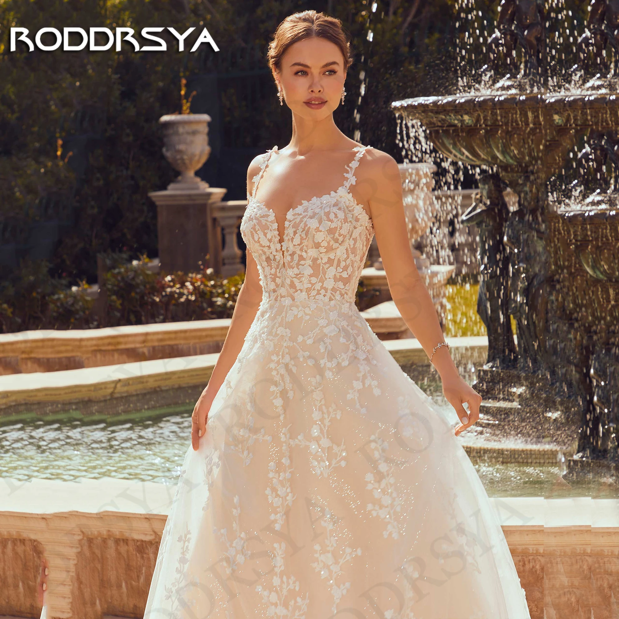 Фото Свадебное платье с аппликацией RODDRSYA, роскошное блестящее Тюлевое платье на бретелях-спагетти с V-образным вырезом, свадебные платья, свадебные платья, 2024 Свадебное платье с аппликациями  2024 Роскошный  Блестящий №3