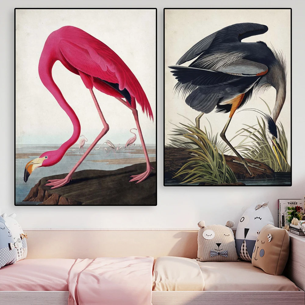 Винтажная Картина на холсте с птицами великолепная синяя Heron винтажная