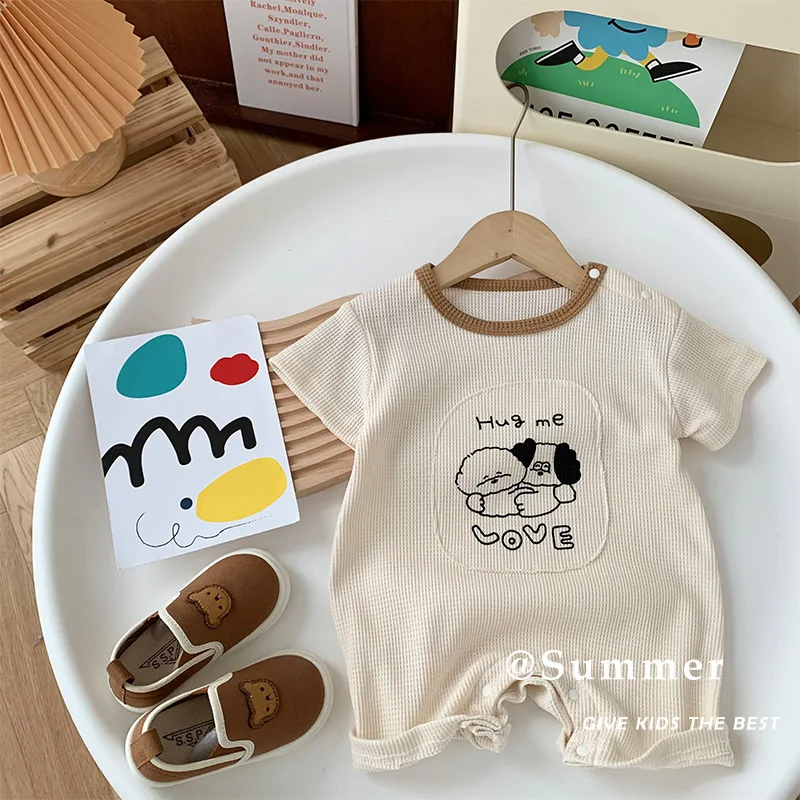 

Jenny&Dave Xiaxin baby rompers 0-2 year old baby cartoon stickers Waffle short-sleeved bodysuit short crawling clothes fashion c