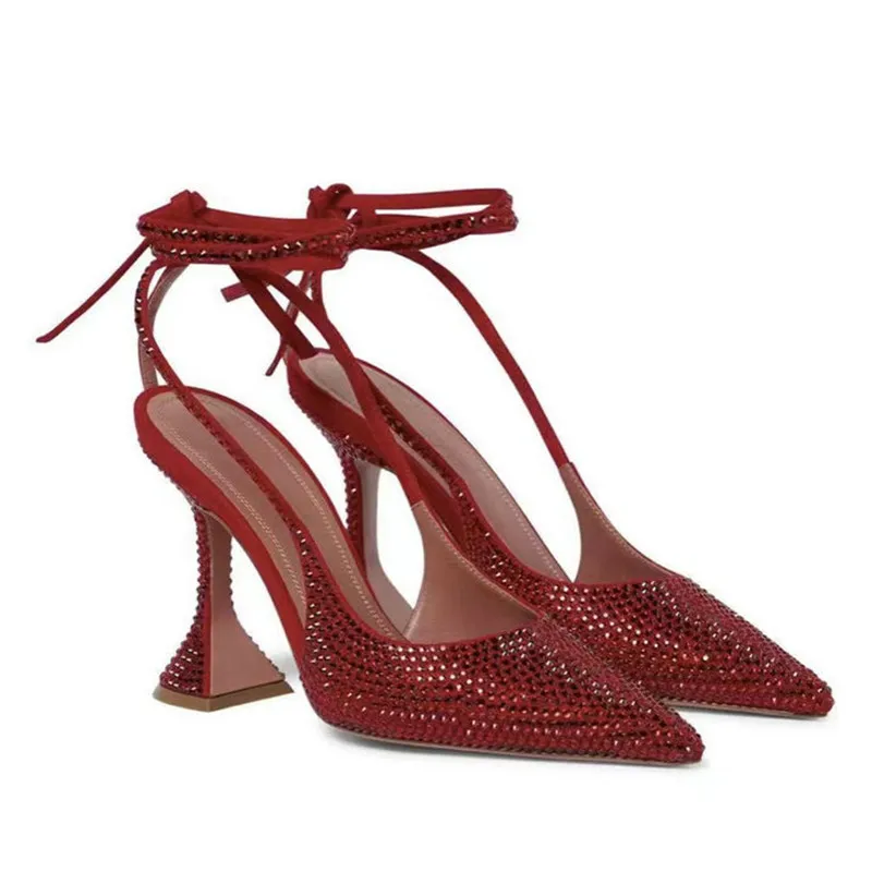 Summer New Baotou Ladies Rhinestone Banquet Sandals Pointed Toe Shaped Heels Sexy High Heels Cross Strap Red Sandals 43 Yards