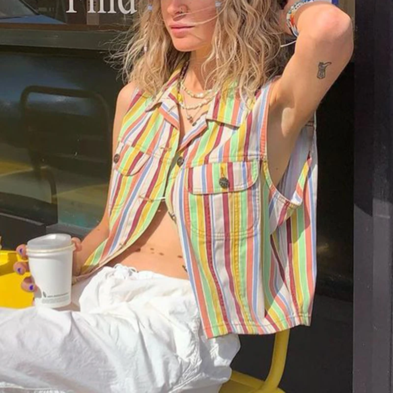 

Y2K Aesthetic Harajuku Grunge Caridgans Top Vintage Colorful Striped Waistcoats Vest Summer Button Up Shirts Retre Streetwear