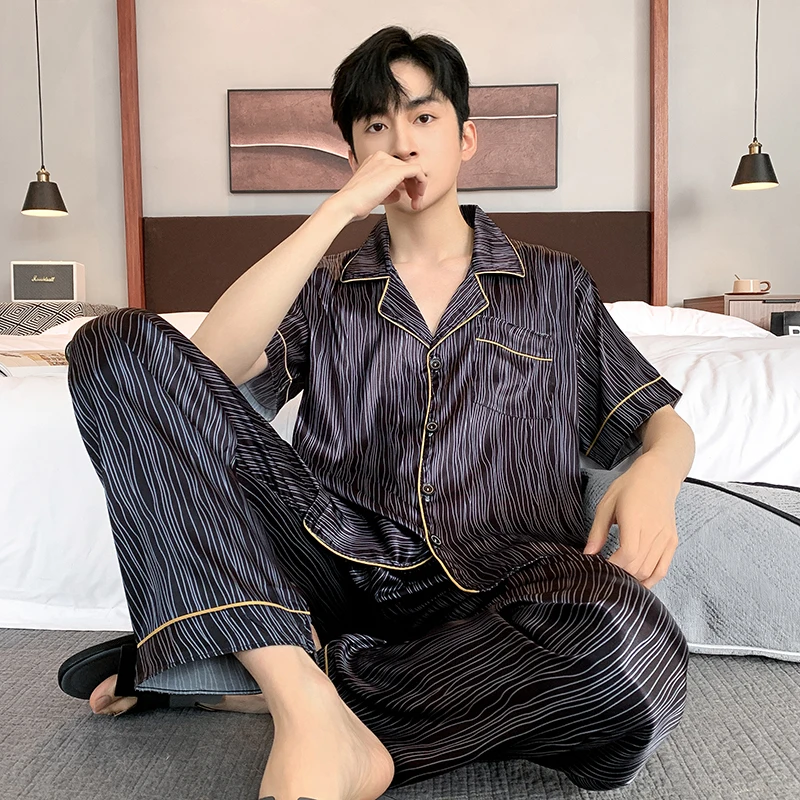 Men Sleepwear Silk Satin Pijama Set Pajama Sets Short Sleeve Sleep Home Clothes Man 2 Pieces Sets Home Suits Pyjamas L-5XL
