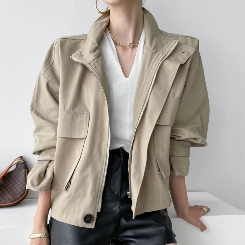 

Куртка-карго цвета хаки, женская уличная одежда, осень 2023, корейская мода, пальто, женская шикарная свободная стильная винтажная одежда на молнии Y2k