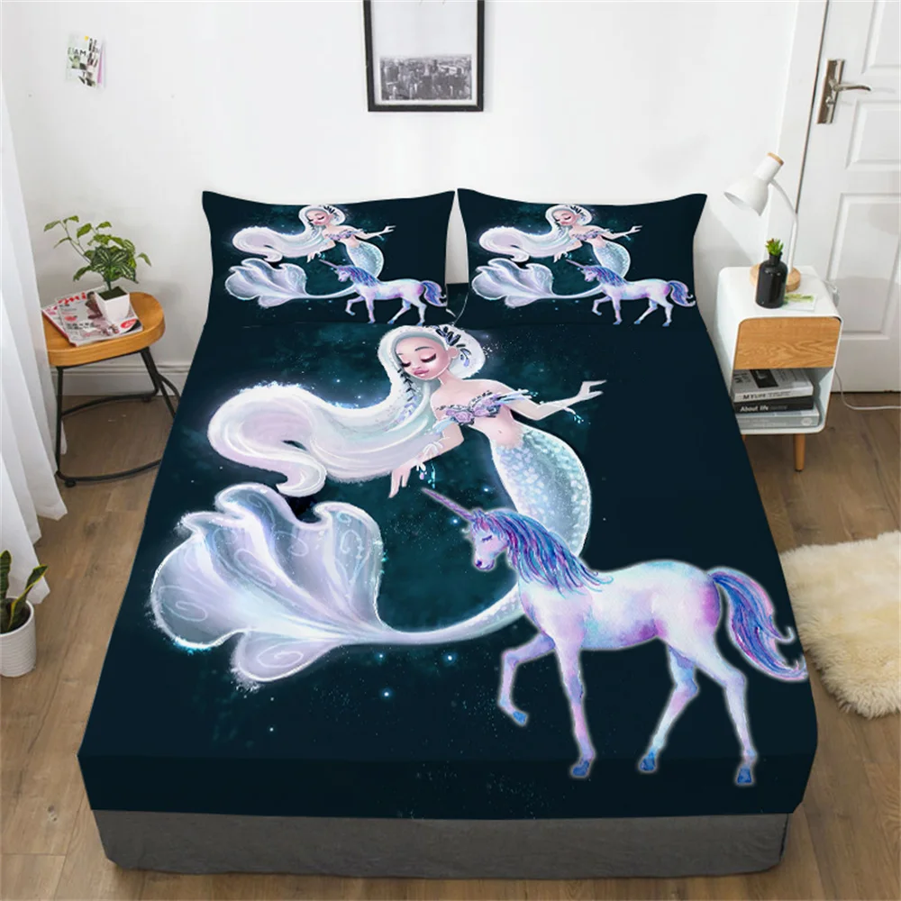 

Bedding Cover Sheet 3D Mermaid Bedcover Print Pillowcase Girl Textile Bedroom Decoration Full King Size Fitted Sheets Bedspreads
