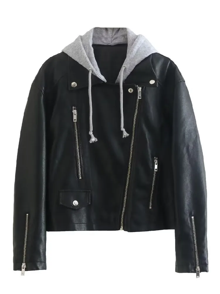 2022 Autumn Removable Hat Hooded Women Faux Leather Jacket Zipper Full Sleeve Pockets Casual Coat Beige Black