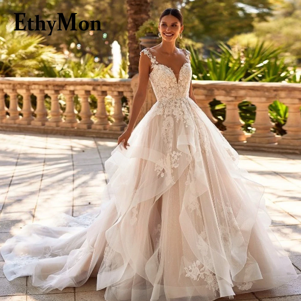 

Ethymon Honrable A-line Wedding Dresses For Bride Ruffles V-neck Ball Gown Backless Cap Sleeve Vestidos De Novia Customised