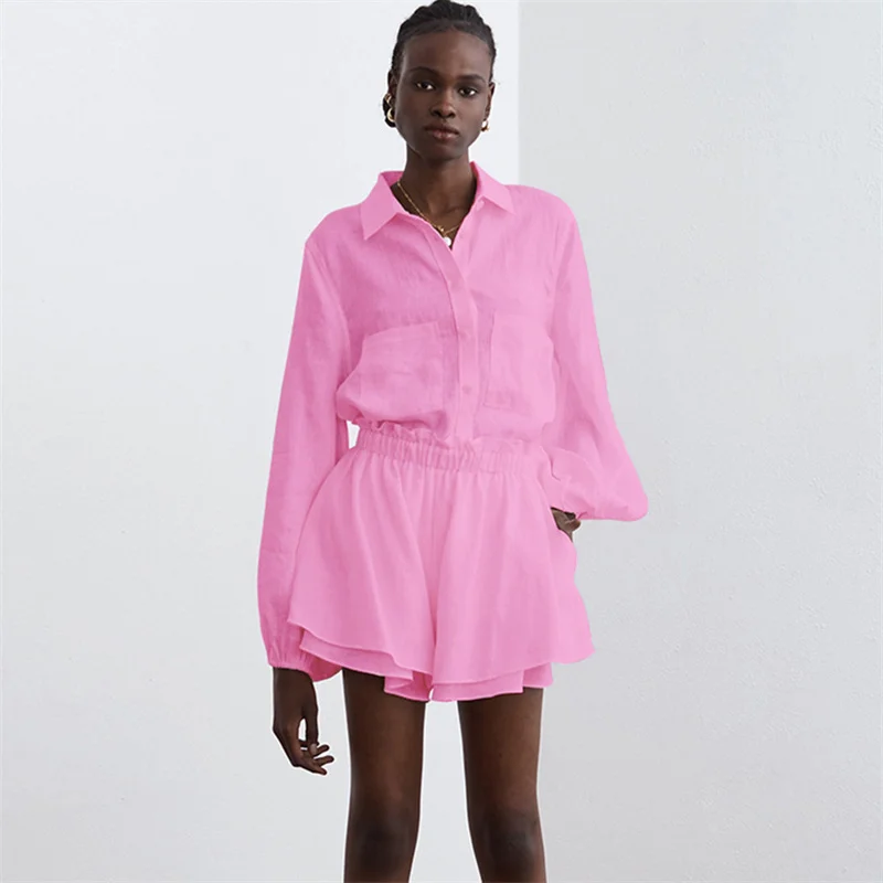 

Summer Ladies Suit Solid Casual Ruffle Sleeve Top + Shorts Suit Polyester Button V-ncek Top + Loose Shorts Ladies Suit