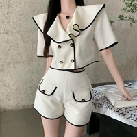 korean style suit womens fashion luxury two piece set 2022 summer new casual ruffled lapel top high waist shorts suit