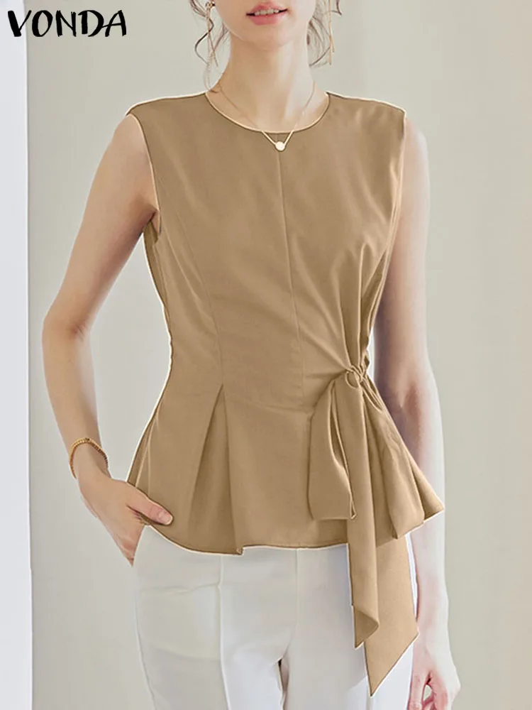 

2023 VONDA Summer Women Blouses Sexy Sleeveless Bandage Tops Tunic Shirts Solid Color O-Neck Casual Pleated Elegant Blusas Femme