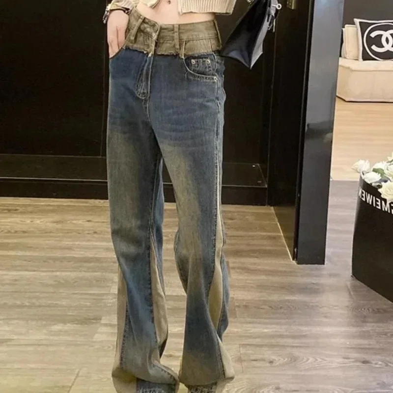 Брюки-клеш контрастных цветов женские расклешенные джинсы с высокой талией