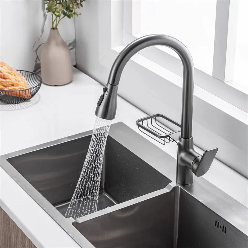 Серебристый кухонный смеситель для горячей и холодной воды выдвижной поворотный
