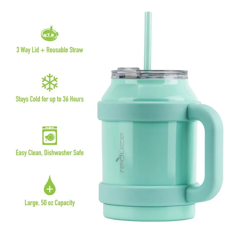

High-Quality Insulated Stainless Steel Cold1 Mug with Lid, Straw and Mild Mint Flavor, 50 fl oz Capacity