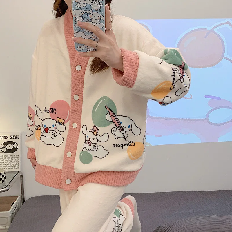 Women Autumn Winter Cute Cartoon Home Warm Thicken Flannel Cardigan Pyjamas Suit Thick Coral Fleece Top Pants Soft Sleepwear Set