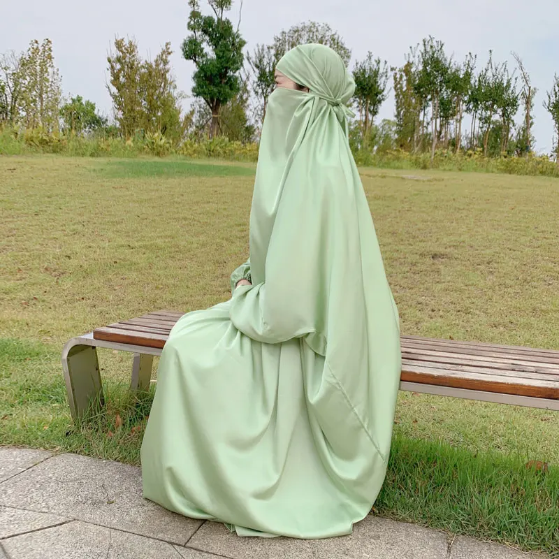 Satin Prayer Dress Women  Batwing Jilbab Long Khimar Hooded Hijab Dresses Ramadan Islam Dubai Full Cover Muslim  Abaya Kaftan