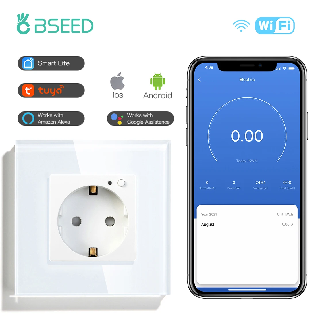 

Настенная розетка BSEED с двумя розетками, розетка с Wi-Fi, с европейской вилкой, с управлением через Google Home, Alexa, со стеклянной панелью и синей подсветкой