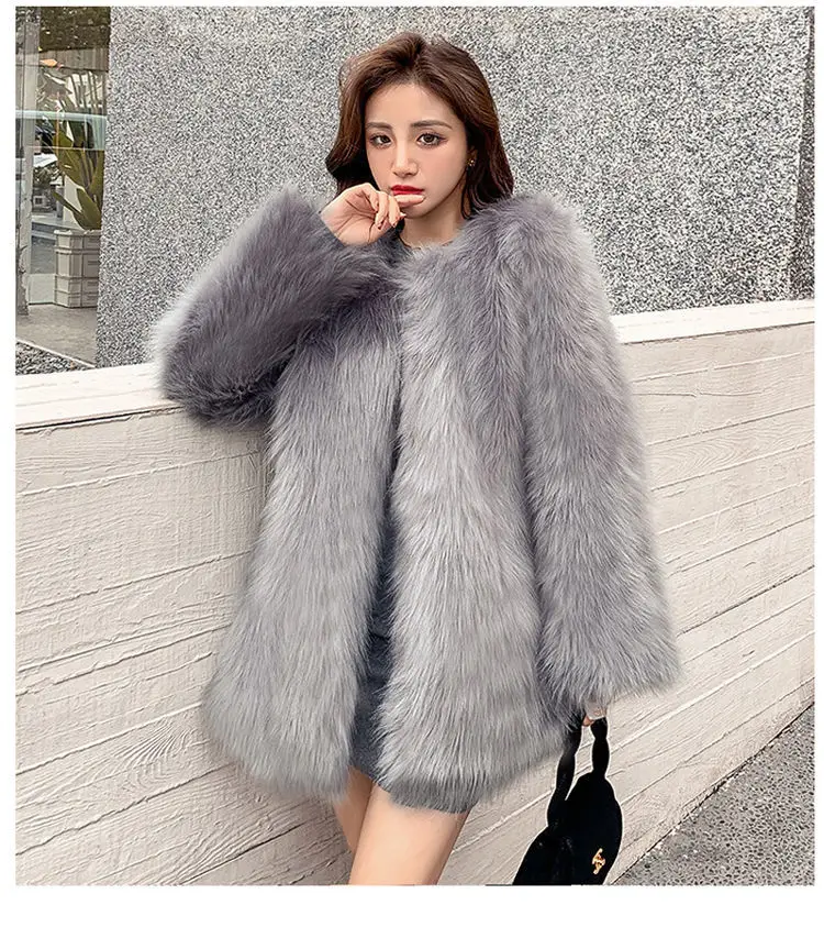 Women's Leather Fur Coat Raccoon Fur Fashionable Fur Coat Women's Mid-Length Faux Fox Faux Fur Coat