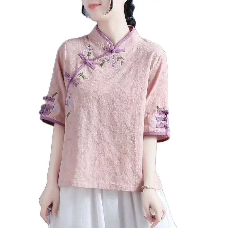 

2022 Summer Cotton Linen Jacquard Plate Button Embroidered Color-Blocking Top Women's Chinese Style Retro Zen Tea Clothes Shirt