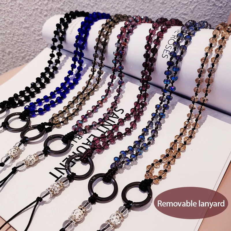 Mobile phone lanyard hanging neck hanging chain Pendant Crystal beads hand made Anti-lost rope foriPhone strap Removable