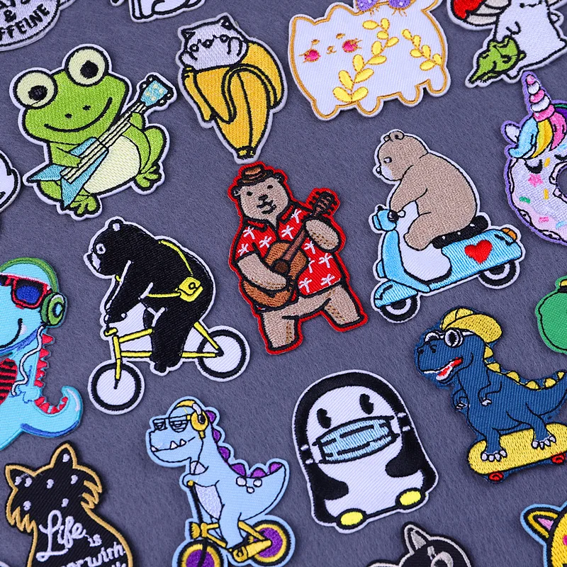 

Cartoon Animal Embroidered Patches for Clothing Bear Riding Fusible Patch on Clothes Backpack Dinosaur Paddling Iron on Patches