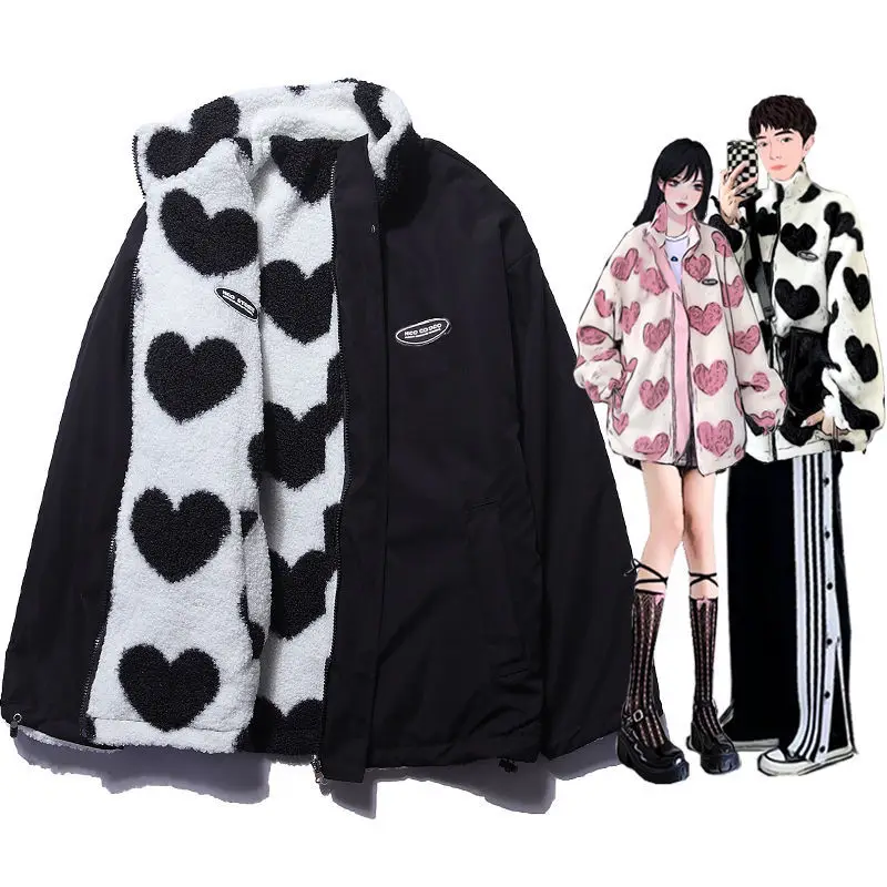 

love lambs wool coat collar men's women's popular logo niche couple costume both sides cotton-padded clothes wear y2k jacket