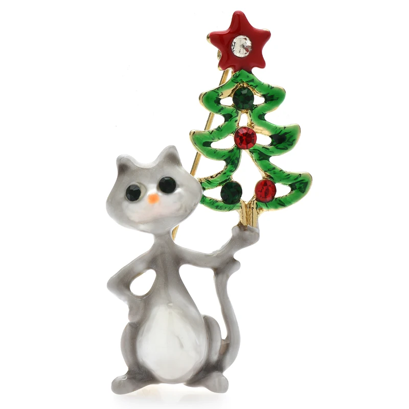 

Wuli&baby Carry Tree Cat Brooches For Women Christmas Tree New Year Brooch Pins Gifts