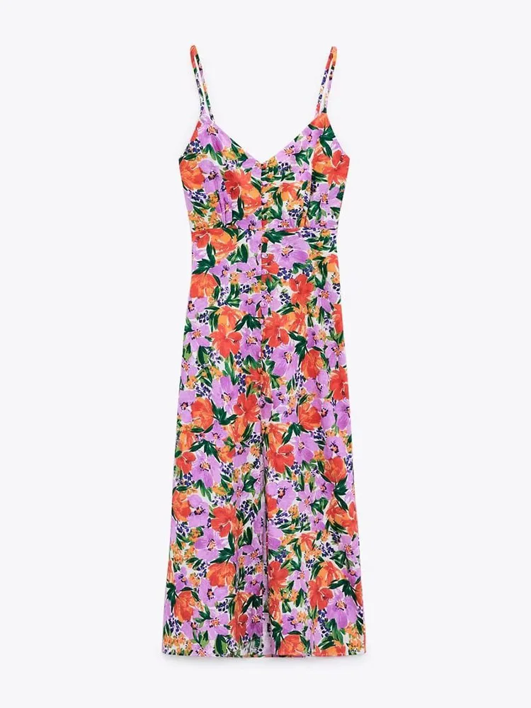 

YLJHQX 2022 Summer Women Fashion Flower Print Slip Dress Vintage Sleeveless V Neck Button Decoration Slit Female Midi Dress