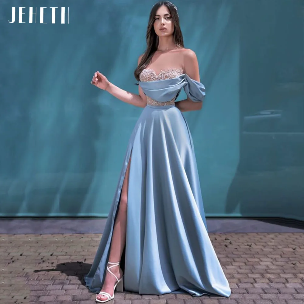 JEHETH Sexy One Shoulder Satin High Split Prom Dresses Sweetheart A-Line Lace Evening Party Cocktail Gown Floor Length robes de