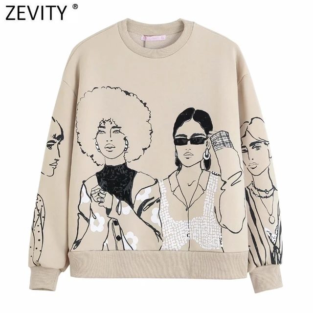 Zevity New 2021 Women Fashion Beauty Girls Print Casual Sweatshirts Female Basic O Neck Knitted Hoodies Chic Pullovers Tops H510 1