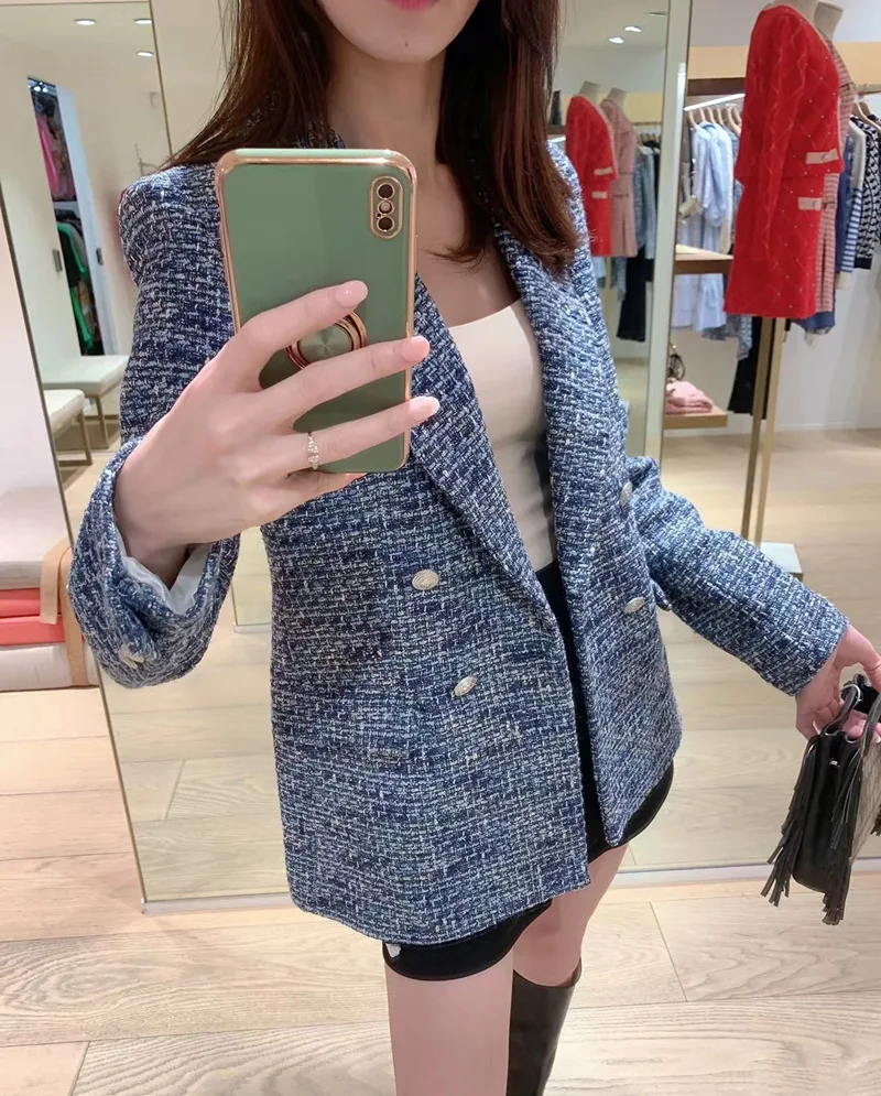 

2022 Autumn and Winter New Fashion Simple Mixed Color Tweed Double Breasted Jacket / High Waist Shorts Women