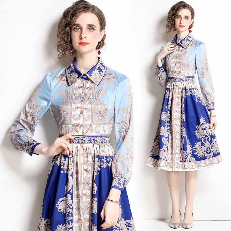 

2022 Summer New High-end Temperament Polo Collar Long Sleeve Single Breasted Slim Fit Fashion Print Elegant Big Swing Dress