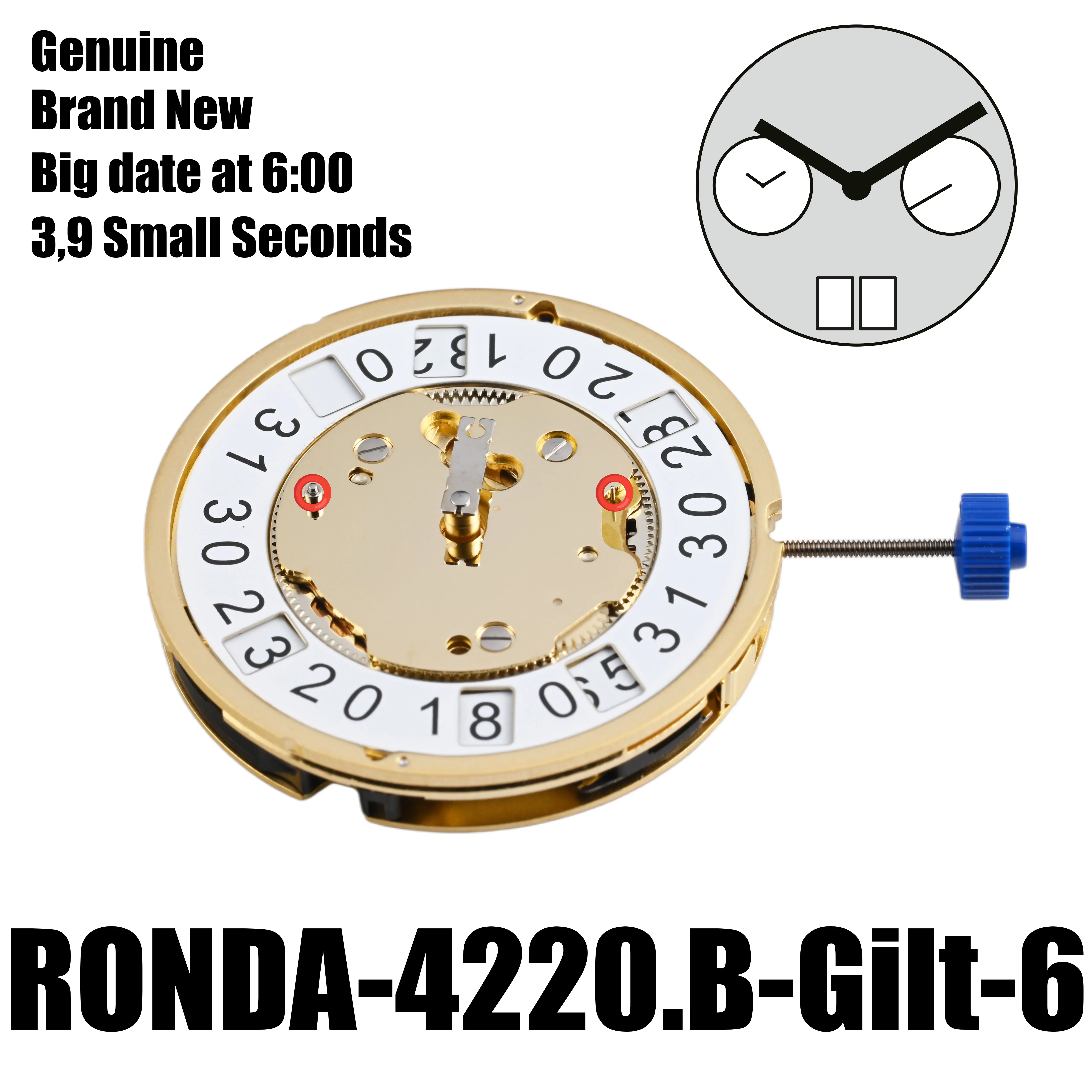 Механизм 4220B Швейцарский Ronda 4220.B Большая дата на 6:00 Семи драгоценных камней Плюс